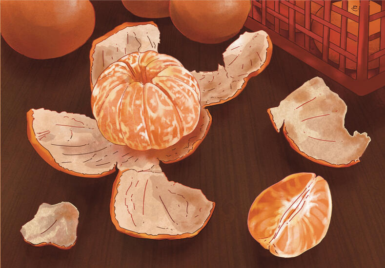 Sharing a tangerine. Part of The Chinese New year postcard collection